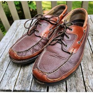 LL Bean Allagash Boat Shoes Mens 14 EE Brown Bison Leather 3 Eye Moccasins Used